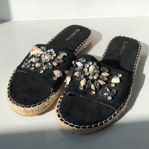 Black suede slip on sandals